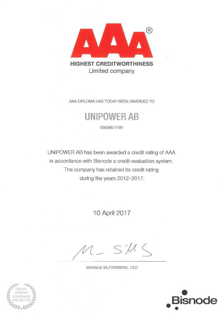 Unipower AB has again received the Triple A (AAA) distinction for highest credit rating by AAA Soliditet AB/Dun & Bradstreet.