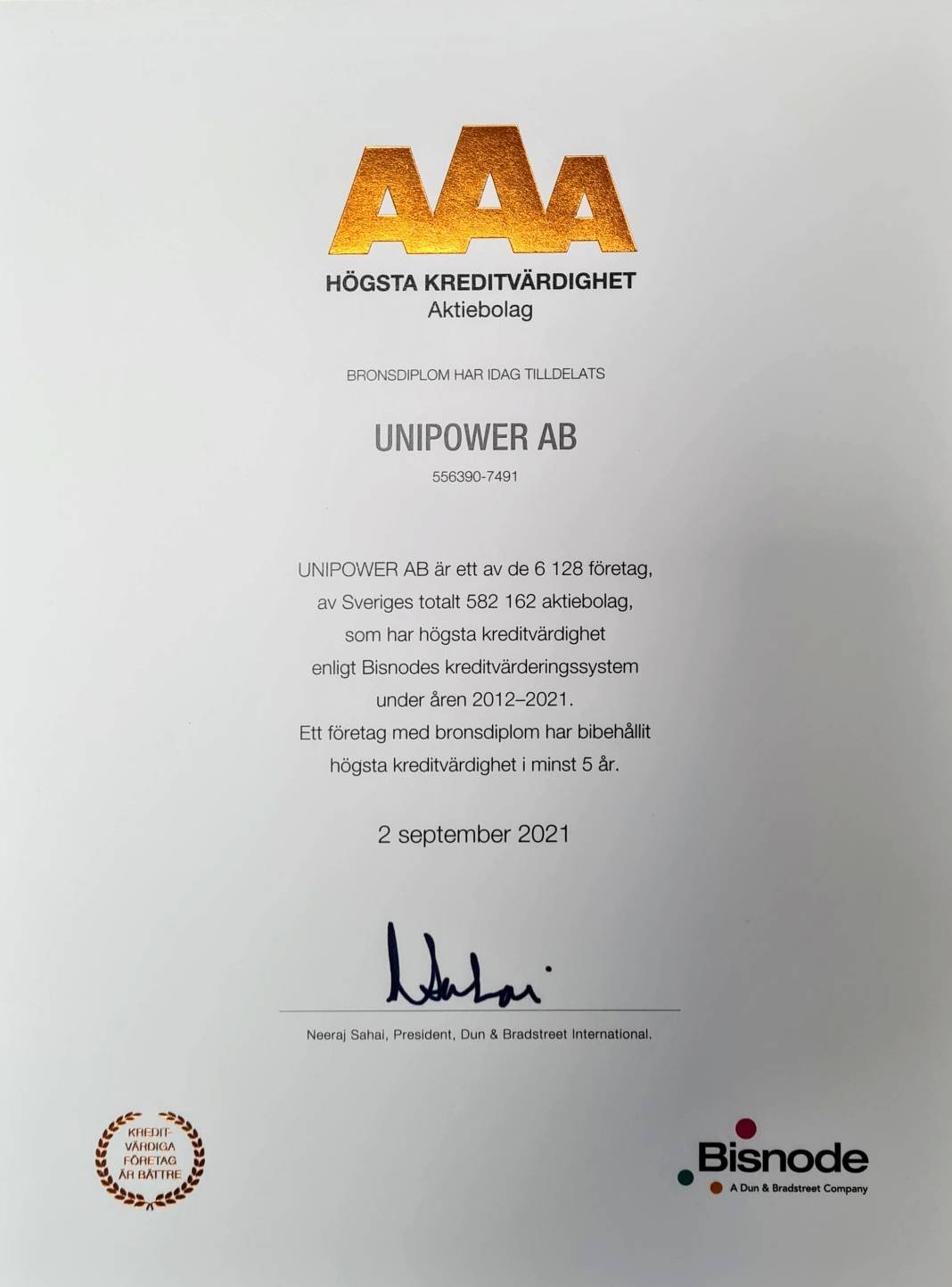 Unipower AB receives AAA rating 2021