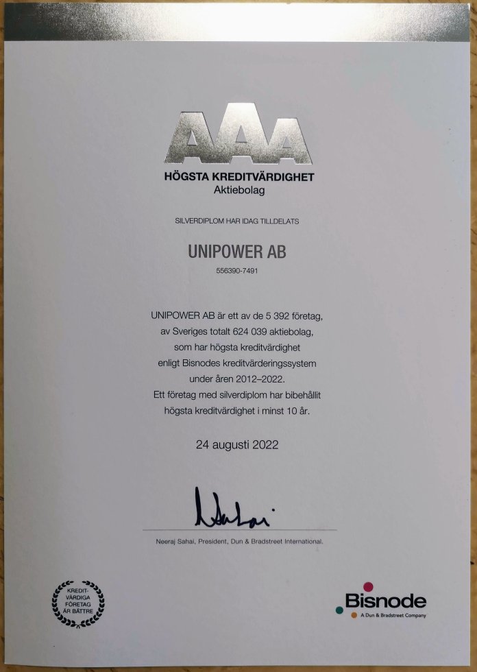 Unipower AB receives AAA rating